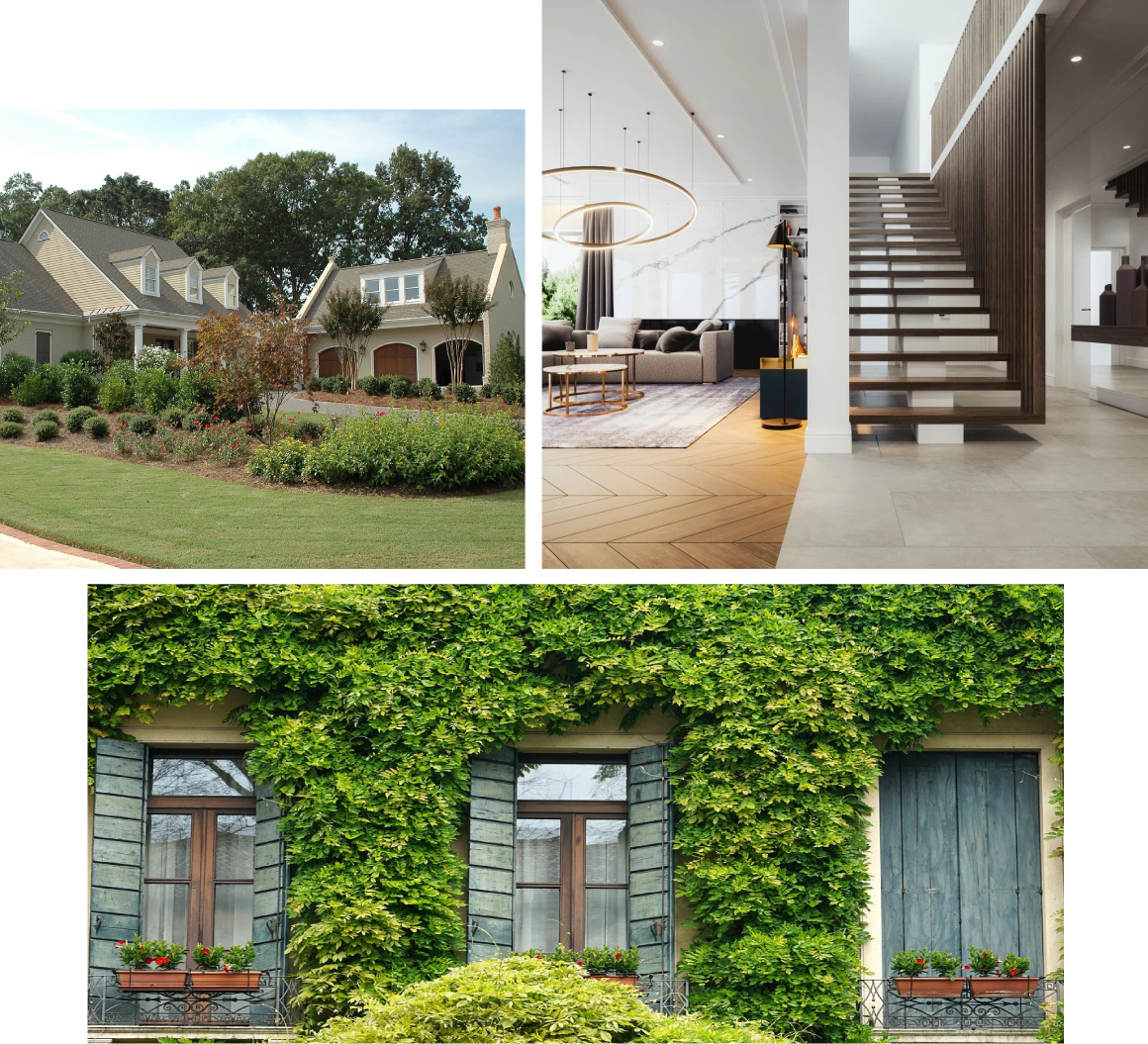 Three architectural styles: suburban, modern, ivy-covered.